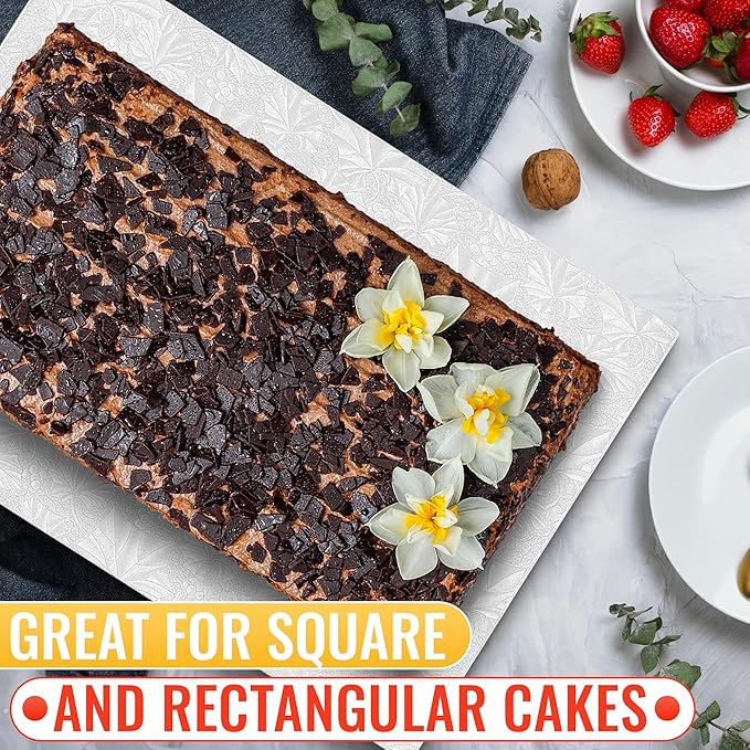 Cake Board Rectangle 13.8" x 9.9" – Grease-Proof Foil, Sturdy Rectangle Cake Boards with Double-Wall Corrugated Design, Smooth Wrapped Edges – Elegant White Display for Cakes, Pastries, and Desserts