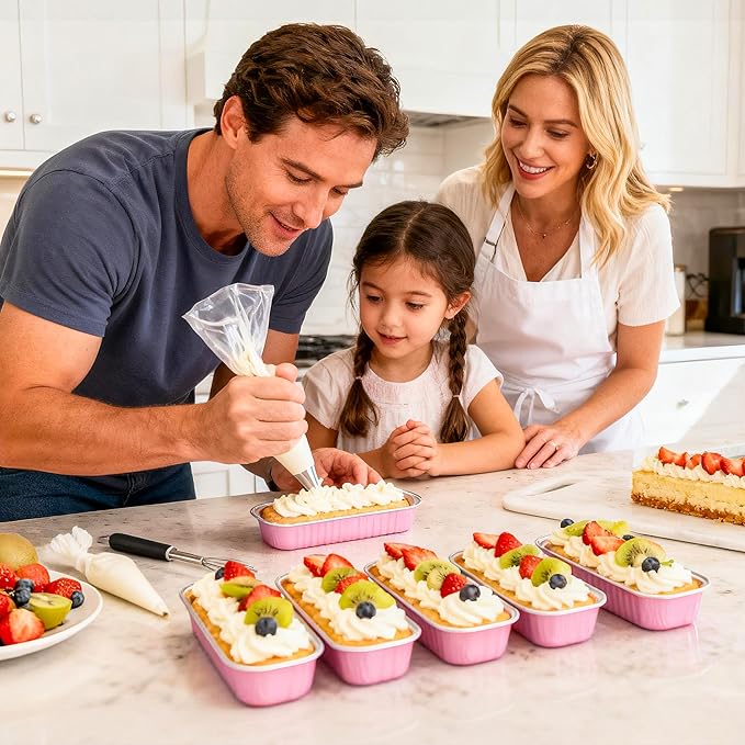 50 PACK Mini Cake Pans with Lids and Spoons,Rectangular Aluminum Foil Bread Pan,Mini Loaf Pans and Food Containers with Lids(Pink,6.8oz)
