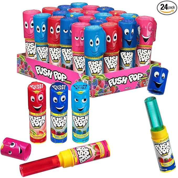 Push Pop Christmas Candy Variety Pack, 24Ct Bulk Individually Wrapped Lollipops for Party Favors, Assorted Flavors, Full Size, Fun Hard Candy For Birthdays, Holiday Parties, Stocking Stuffers, Gifts