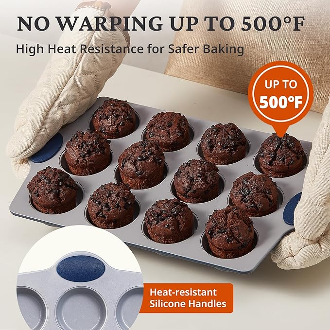 BRONYPRO 12-Cup Non Toxic Nonstick Ceramic Muffin Pan & Cupcake Tin, PFOA & PFOA Free, Heavy Duty Rust-Resistant Aluminized Steel, Oven & Dishwasher Safe, Blue