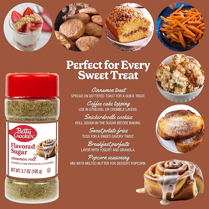 Betty Crocker Cinnamon Roll Flavored Sugar – Sweet Finishing Sugar Topping for Baking, Coffee, and Desserts, 3.7 oz