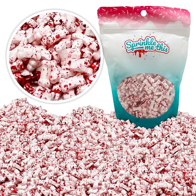 Bloody Bones Treat Toppers - 12 Oz Resealable Stand Up Candy Bag - White Candy Bone Shaped Sprinkles w/Red Splashes - Halloween Themed Sprinkles for Holiday Desserts and Snacks