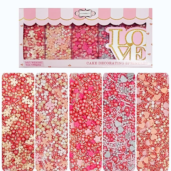 Confect Pretty in Pink, Gold & White Flower & Pearl Sprinkles Mix – Heart & Star Edible Sprinkles for Cakes, Cupcakes, Cookies – Valentine’s Day Baking Decorations – Pack of 5 - Vegan, Gluten-Free, Nut-Free, Soy-Free, Dairy-Free, Palm Oil-Free- 5 Oz
