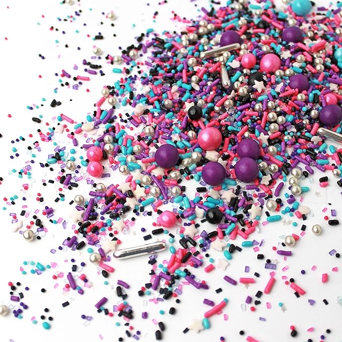Sprinkle Pop Milky Way Sprinkle Mix| Pink Black Blue Purple Sprinkles With Silver Metallic Dragees| Space Galaxy Stars Sprinkles Made in USA for Decorating Cakes Cookie Cupcakes Ice Cream, 2oz