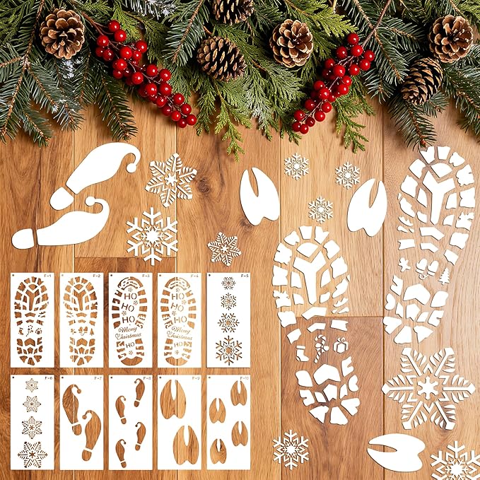 10Pcs Christmas Stencils for Painting Santa Footprints for Floor, Reindeer Foot and Snowflake Stencils Template,Reusable Plastic Elf Foot Print Stencil on DIY Craft Holiday Xmas Decor