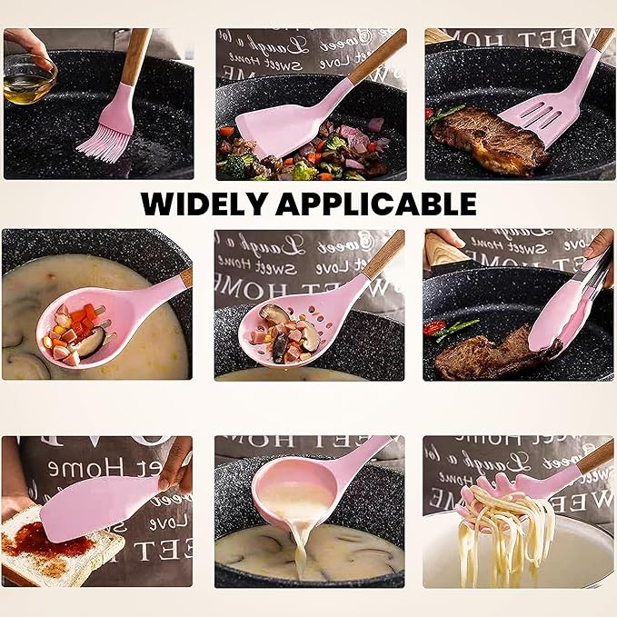 Pink Silicone Kitchen Utensil Set 12-Piece – Heat Resistant Cooking Tools with Wooden Handles, Non-Stick Spatula, Spoon, Whisk, Tongs, and Holder