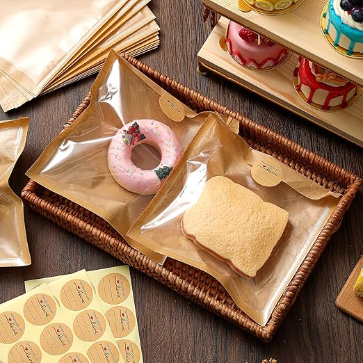 Outus 1500 Pcs Cookie Packaging Bags with Seal, 7.1 x 7.5 Inch Bakery Pastry Bags with Window, Heat Sealable Grease Resistant Paper to Go Bake Sleeves for Gift Giving Donut Bread Sandwich (Brown)