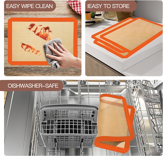 3-Pack Non-Stick Silicone Baking Mat, Food Safe Silicone Mats for Baking Cookies and Macarons - Silicone Baking Sheet(Orange)