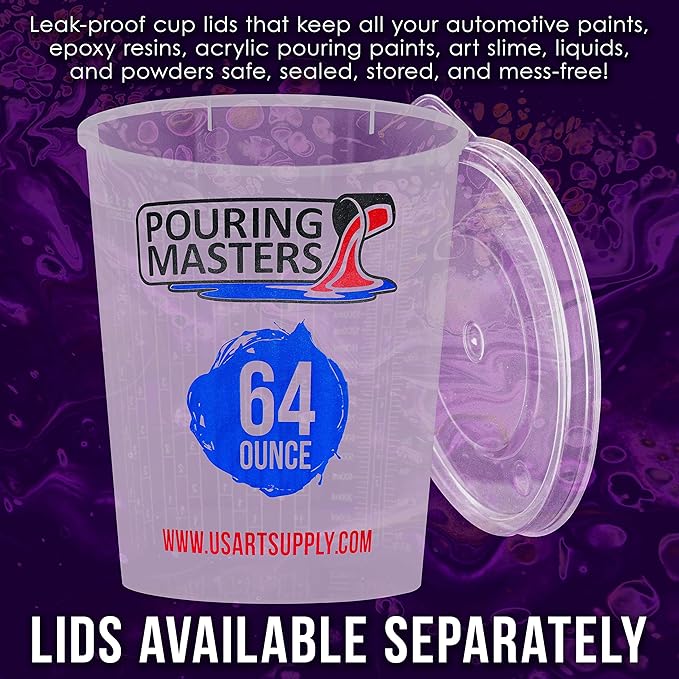 Pouring Masters 64 Ounce (2000ml) Graduated Plastic Mixing Cups (Box of 12) - Paint Mixing Cups for Epoxy Resin, Art, Kitchen, Baking - Measurements in OZ and ML, 4 Different Measuring Ratios 1:1