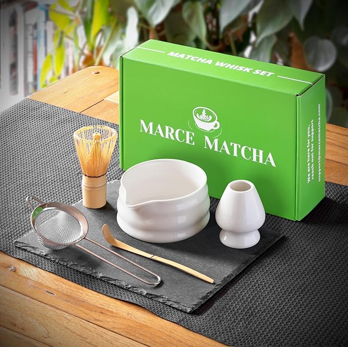 Matcha Whisk Set- Matcha Set includes Matcha Whisk and Bowl with Spout, Sifter, Holder and Scoop- The Perfect Bamboo Whisk for Matcha Tea (White)