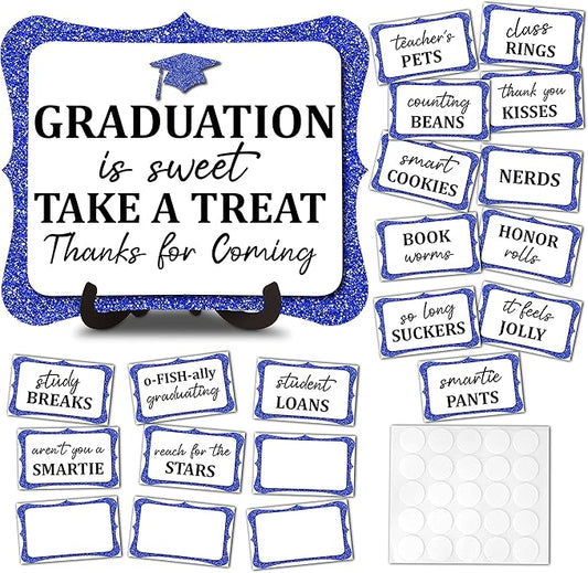 20PCS Graduation Candy Buffet Labels, 1 Blue Glitter Candy Buffet Table Sign with Stand, Catering Supplies Display for Graduation Decorations Class of 2026 -A01