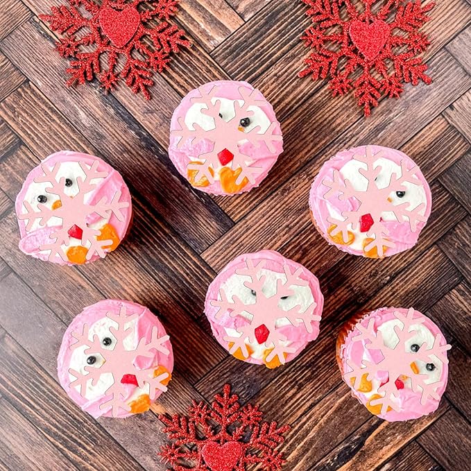 Gyufise 60Pcs Edible Snowflake Cupcake Toppers Winter Cupcake Picks Water Paper Winter Frozen Cake Decorations for Snowflake Theme Baby Shower Kids Birthday Party Supplies Pink