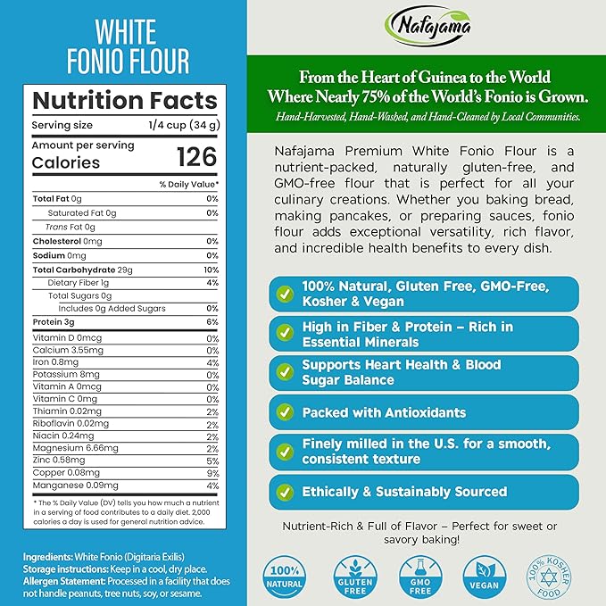 Nafajama Premium Gluten-Free White Fonio Flour | Ancient African Superfood | All-Natural, Non-GMO, Vegan, High-Fiber – 1 Bag of 110 lb / 50 kg