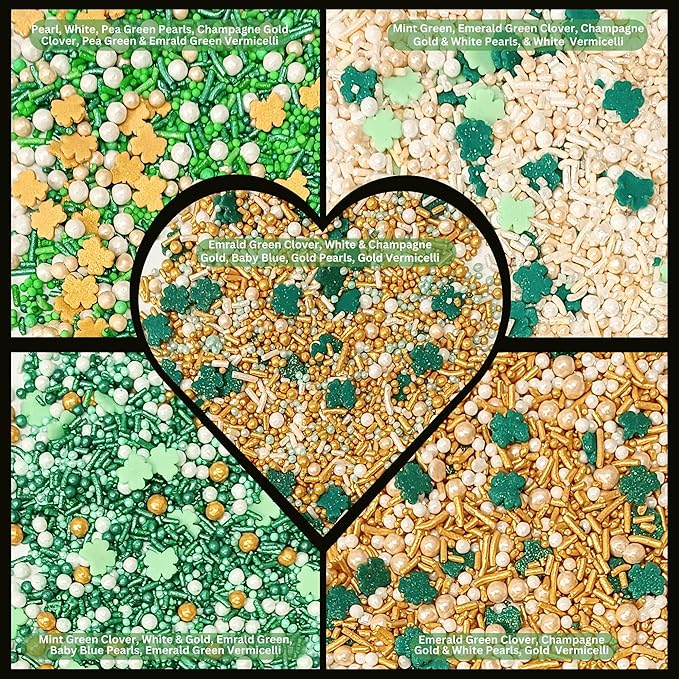 Confect Edible Sprinkles Mix Pack of 5 (5 oz) – Green, Gold & White Sprinkles for Baking – Cake, Cupcake & Cookie Decorations for St. Patrick’s Day, Birthdays & Celebrations | Vegan, Gluten-Free, Nut-Free, Soy-Free, Dairy-Free, Palm Oil-Free - 5 Oz