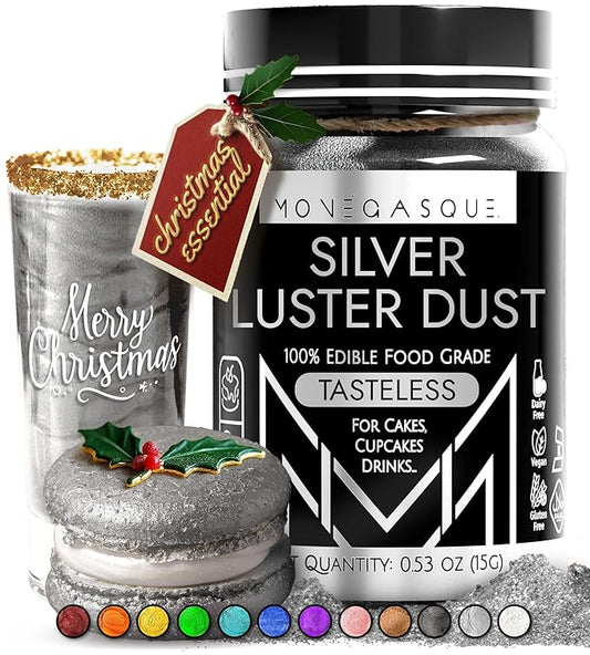 MONÉGASQUE Silver Edible Glitter for Drinks 15g – Edible Glitter for Cakes & Cocktails - Christmas Drink & Cocktail Shimmer - Silver Luster Dust for Cocktail, Cake Decorating, Food Decorations Spray