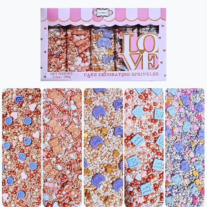 Confect Girls Baby Shower Sprinkles | Gender Reveal Sprinkles | Mix Gold, Silver, Baby Blue & Lavander Sprinkles | Pack of 5 Assorted Edible Sprinkle | Vegan, Gluten-Free, Nut-Free, Soy-Free, Dairy-Free, Palm Oil-Free - 5 Oz
