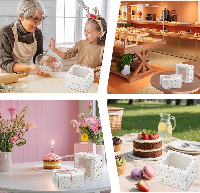 24 Pack 6X6X3 Christmas Cookie Boxes with Window,Gift Giving Gold Foil Star White Bakery Boxes for Mini Cake Pastry,Dessert Cupcakes,Candy Donut Packaging.