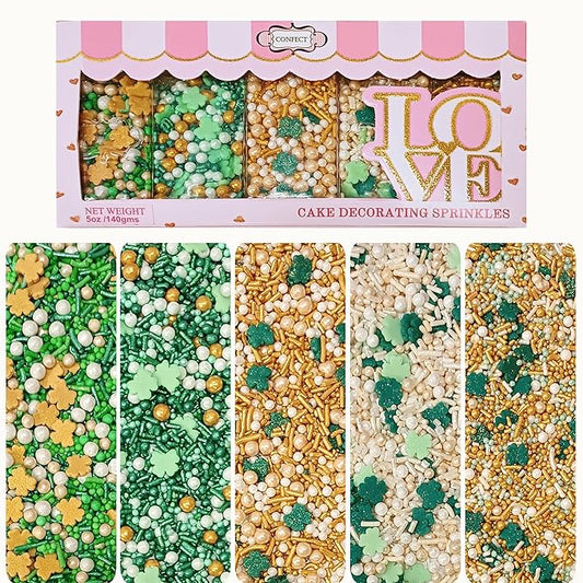 Confect Edible Sprinkles Mix Pack of 5 (5 oz) – Green, Gold & White Sprinkles for Baking – Cake, Cupcake & Cookie Decorations for St. Patrick’s Day, Birthdays & Celebrations | Vegan, Gluten-Free, Nut-Free, Soy-Free, Dairy-Free, Palm Oil-Free - 5 Oz