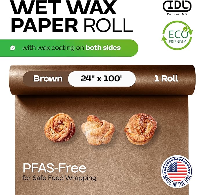 Brown Wet Wax Paper Roll 24" x 100' - USA-Made Moisture-Repellent Cooking Paper for Packing, Storing & Freezing - Heavy-Duty Food-Safe Wrapping Material for Meat, Cheese & Baked Goods by IDL Packaging