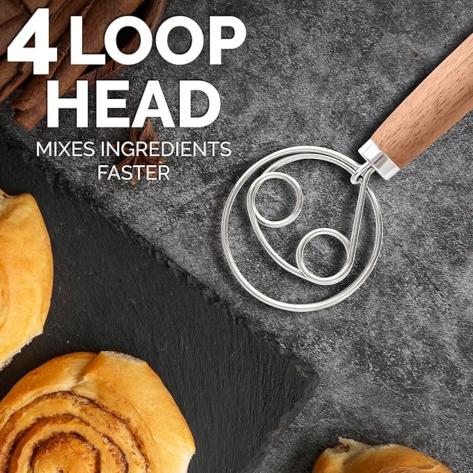 Zulay Kitchen Double-Eye 13" Danish Dough Whisk - Durable Easy Mixing Bread Whisk, Stainless Steel Sourdough Danish Hook, Sourdough For Mixing, Traditional Dutch Dough Mixer Tool - Rubberwood