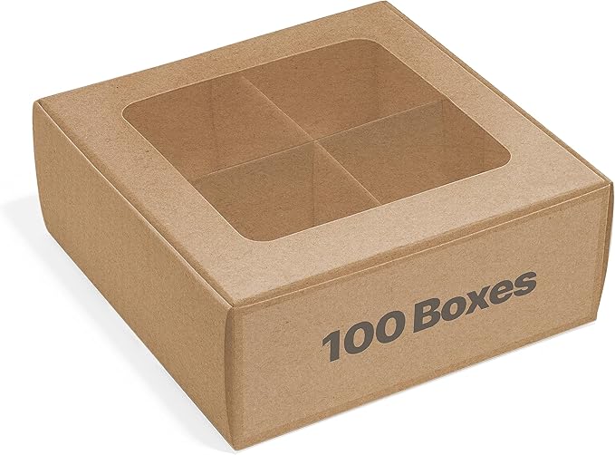 100 pcs Kraft Mini Cookie Boxes for 4 treats with Window and Dividers, Bakery Boxes, 6 x 6 x 2.4 Inches SMALL Baking Boxes, Square Cookies Box Decorating Supplies for Gift Giving