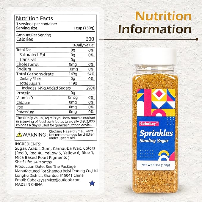 Gold Sanding Sugar 150g (5.3 oz) - Edible Sparkling Sugar for Baking Decorations, Cookies, Cakes, Cupcakes Ice Cream Toppers - Vibrant Gold Color Sugar Crystals