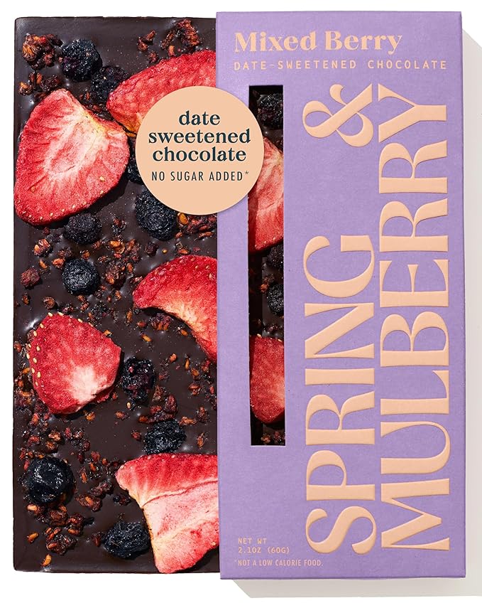 Spring & Mulberry Dark Chocolate Bars – Healthy Dark Chocolate, Date-Sweetened - Mixed Berry 12 Pack