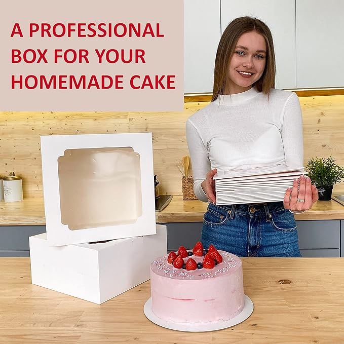 10x10x8 Bulk 15 Pcs Tall Multi-Layer Cake Boxes 10 Inch with Window Clear Bakery Box Square White Large Disposable Pie Boxes Package for Bake Decorating Supplies Pastry Box (80 Pcs Stickers)