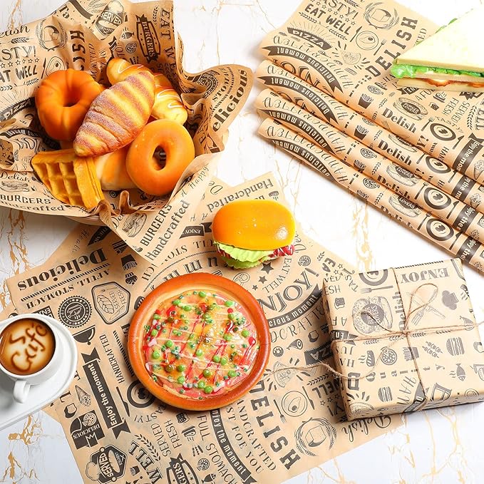 200 Pcs Deli Wax Paper Sheets 15 x 15 Inch Large Newsprint Sandwich Paper Wraps Greaseproof Food Basket Liners Newspaper Wrapping Square for Halloween Christmas Burger Bread BBQ Picnic (Brown Black)