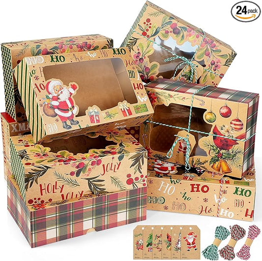 Zachely 24 Christmas Cookie Boxes, Bulk Large Christmas Kraft Paper Treat Boxes with Tags & Ribbons, 6 Styles Holiday Cookie Boxes for Gift Giving, Xmas Cookie Tins with Lids for Cake, Bakery, Donuts