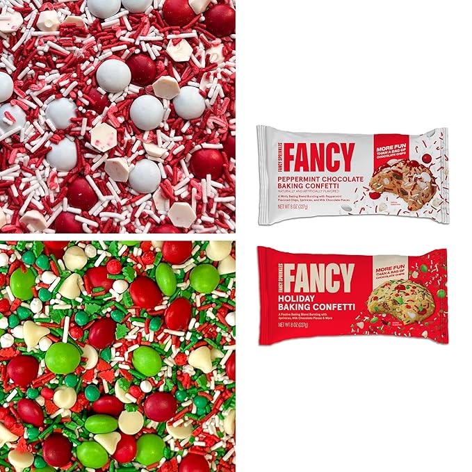 Fancy Sprinkles Limited Edition Holiday Festive Favorites Baking Confetti Set Sprinkles and Chocolate Pieces, Featuring: Holiday and Peppermint (2 Pack)