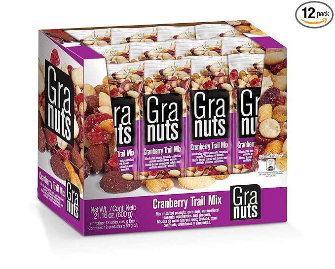 Granuts Cranberry Trail Mix | Caramelized Peanuts | Crunchy Corn Nuts + Almonds | Soft Cranberries | Salty + Sweet Flavors | On-the-Go Snack | 1.76 Oz (12 Inner Packs)