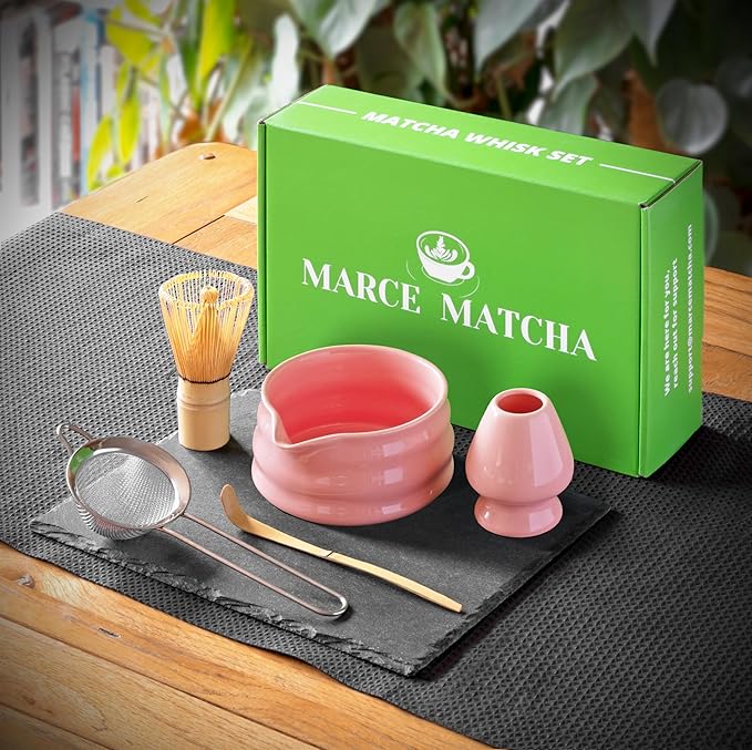 Matcha Whisk Set- Matcha Set includes Matcha Whisk and Bowl with Spout, Sifter, Holder and Scoop- The Perfect Bamboo Whisk for Matcha Tea (Pink)