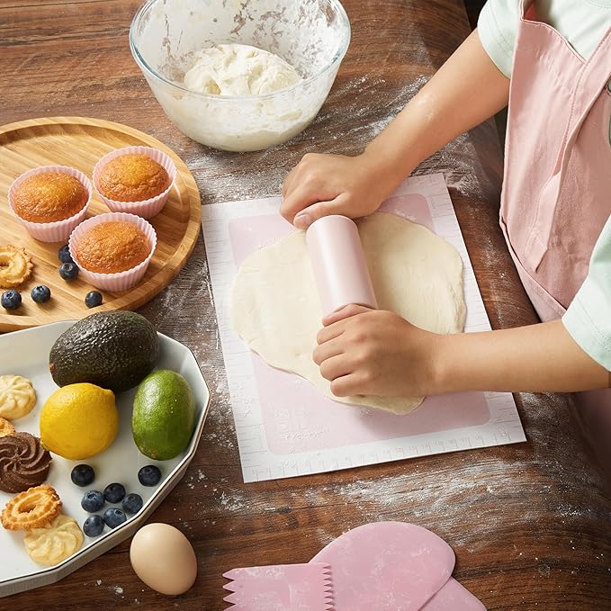 Pulcher Kids Baking Sets Real Little Chef Kitchen Cooking Set Tools Kit Supplies, with Apron Utensils Rolling Pin Silicone Mat Cookie Cutters Measuring Cups Spoons Bamboo Carrying Basket(Pink Purple)