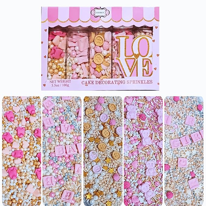 Confect Girls Baby Shower Sprinkles | Mix Blush Pink & Gold Button, Teddy & Heart Sprinkles | edible Sprinkles for Cake & Cupcake Sprinkle Pack of 5 | Vegan, Gluten-Free, Nut-Free, Soy-Free, Dairy-Free, Palm Oil-Free - 5 Oz