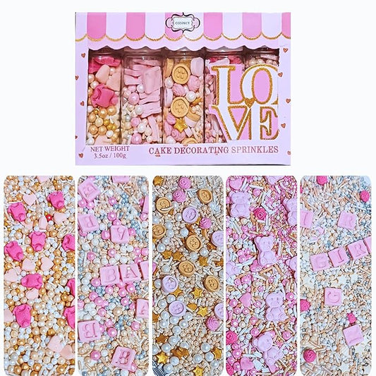 Confect Girls Baby Shower Sprinkles | Mix Blush Pink & Gold Button, Teddy & Heart Sprinkles | edible Sprinkles for Cake & Cupcake Sprinkle Pack of 5 | Vegan, Gluten-Free, Nut-Free, Soy-Free, Dairy-Free, Palm Oil-Free - 5 Oz