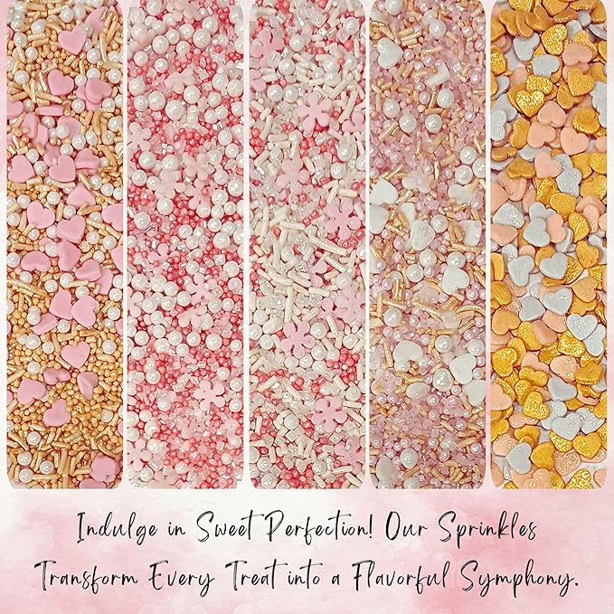 Confect Pink, Silver, Gold & White Pearl Sprinkles Mix – Edible Baking Decorations for Cakes, Cupcakes, Cookies – Valentine’s & Celebration Sprinkle Set – Pack of 5 - Vegan, Gluten-Free, Nut-Free, Soy-Free, Dairy-Free, Palm Oil-Free -5 Oz