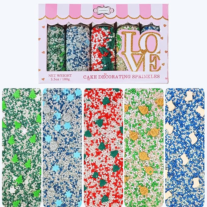 Confect Christmas Sprinkles | Christmas Sprinkles - Green White Silver Blue Red Sparkling Sugar I Christmas Tree Stocking & Snowflakes for Dessert Decorating- 5 Oz
