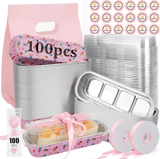 OcePor 100 Pack Mini Loaf Pans With Lids，Mini Cake Pans With Lids and Spoons，6.8oz Bread Loaf Pans Disposable，Small Aluminum Cake Tins,Baking Pans Individual (Colorful Polka Dot Powder)