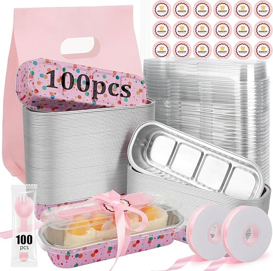 OcePor 100 Pack Mini Loaf Pans With Lids，Mini Cake Pans With Lids and Spoons，6.8oz Bread Loaf Pans Disposable，Small Aluminum Cake Tins,Baking Pans Individual (Colorful Polka Dot Powder)