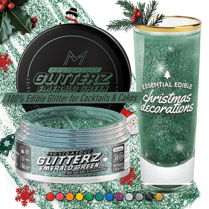 MONÉGASQUE Emerald Green Edible Glitter for Drinks 10g – Christmas Sprinkles Green Edible Glitter for Cakes & Cocktails – Food Coloring Spray for Cake Decorations – Cocktail Drink Shimmer Powder