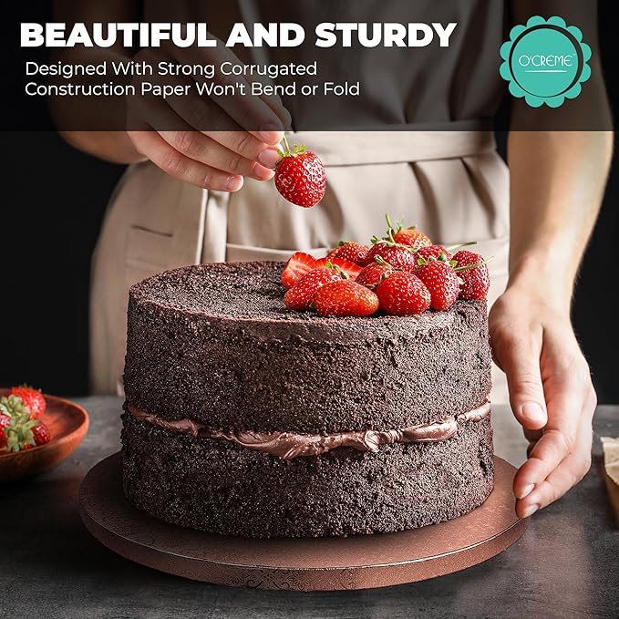 O'Creme Rose Gold Foil Round Cake Board - Gorgeous Design, Sturdy & Durable 1/2" Thick Drums, 14" Diameter - Pack of 5 Disposable Circles