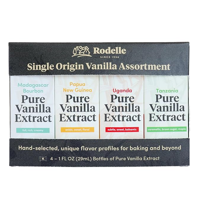 Rodelle Single Origin Vanilla Extract Gift Pack, 4 - 1 Fl oz bottles, Madagascar Bourbon, Papua New Guinea, Uganda, Tanzania