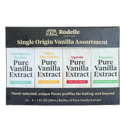 Rodelle Single Origin Vanilla Extract Gift Pack, 4 - 1 Fl oz bottles, Madagascar Bourbon, Papua New Guinea, Uganda, Tanzania