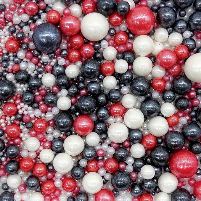 Dynastang Mixed Size Red & Black & White Pearls Sprinkles Edible Pearls Cake Decorating Pearls Cake Decorations Cupcake Toppers Cookie Decorating Perfect for Cakes, Cupcakes, Desserts Toppings 3OZ