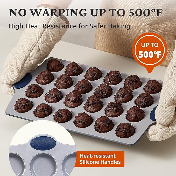 BRONYPRO 24-Cup Non Toxic Nonstick Ceramic Mini Muffin Pan & Cupcake Tin, PFOA & PFOA Free, Heavy Duty Rust-Resistant Aluminized Steel, Oven & Dishwasher Safe, Blue