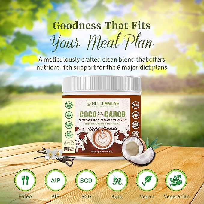 Milk Chocolate Coco Carob Powder - Caffeine Free Cocoa Powder & Coffee Alternative with Coconut Milk & Creamer for Cognitive & Energy Support - Soy, Gluten, Dairy, & Sugar Free Carob Chocolate