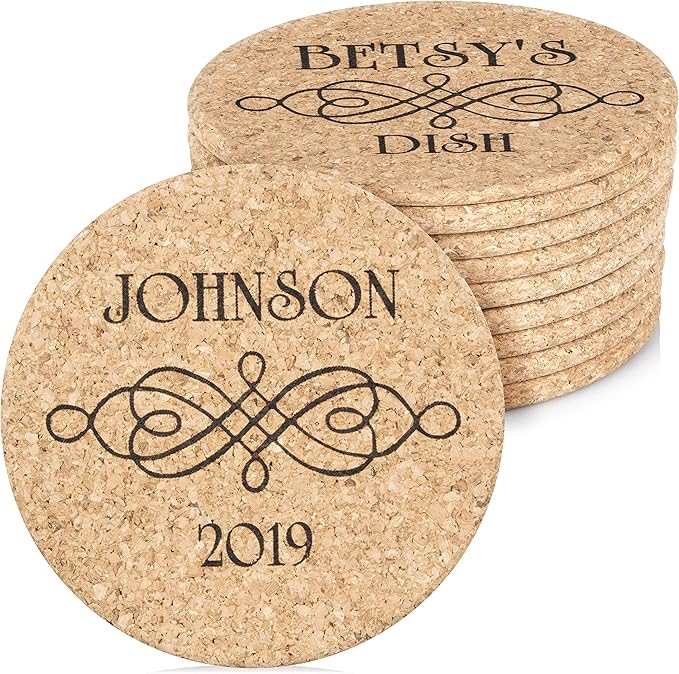 Custom Catch Personalized Cork Trivet Gift - (2) 7" Hot Pads - Customizable Housewarming Scroll Decoration Trivets for Dishes, Pots, Pans, Baking Sheets, Plates for Table, Countertop, Kitchen