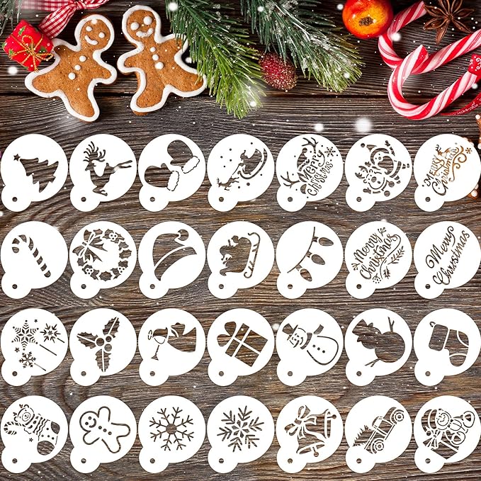 Chinco 30 Pieces Reusable Christmas Cookie Stencil Cake Templates Christmas Coffee Stencils Pet Plastic Cake Baking Painting Mould Tools for Airbrush Painting Dessert Coffee Cookies Decoration