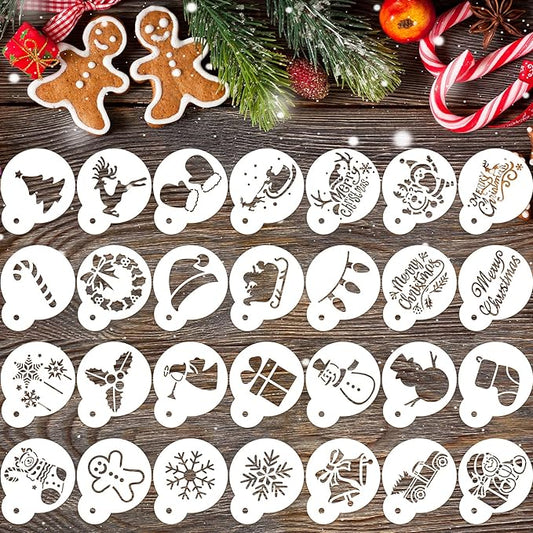 Chinco 30 Pieces Reusable Christmas Cookie Stencil Cake Templates Christmas Coffee Stencils Pet Plastic Cake Baking Painting Mould Tools for Airbrush Painting Dessert Coffee Cookies Decoration